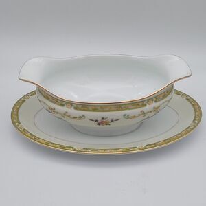 Noritake Arlene Gravy Boat with Attached Underplate 9 1/4" Floral Gold Accent